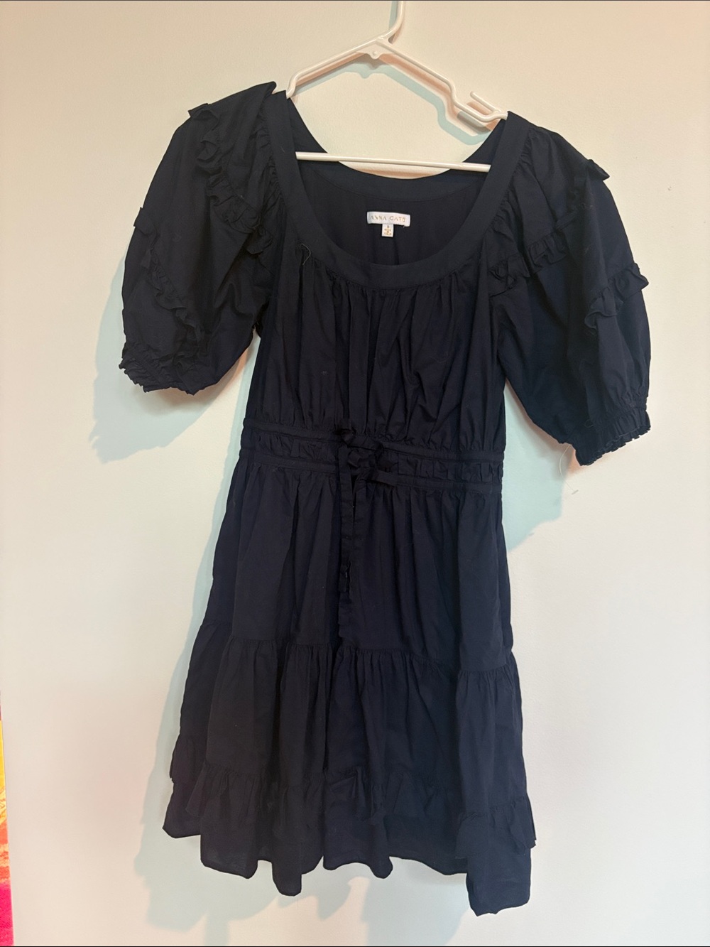 Smocked-Waist Navy Puff-Sleeve Mini Dress